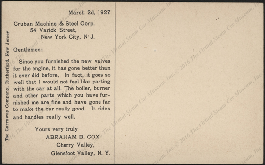 Crubah Machine & Steel Corporation, Postcard, March 2, 1927, Improved Boiler Water Level Regulator, Postcard, Reverse